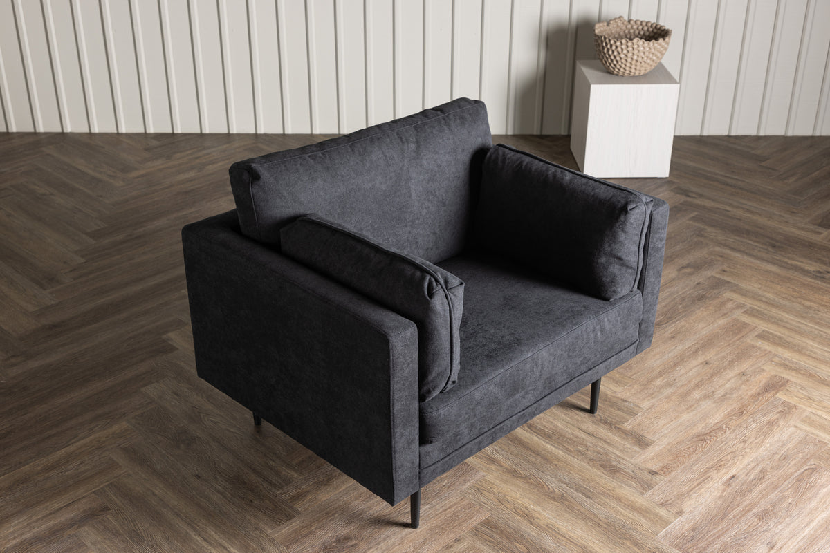 Boom fåtölj, svart polyester- & linnetyg